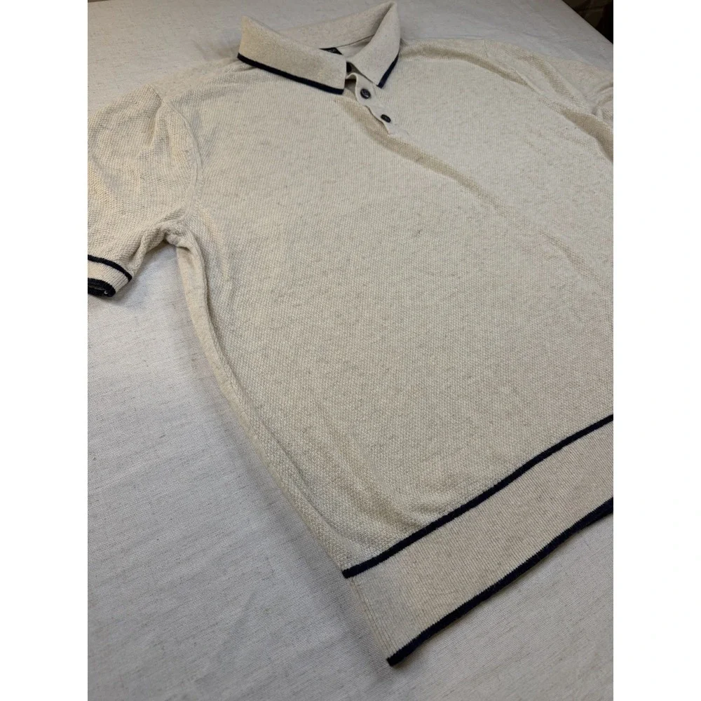 Banana Republic Mens Large Beige Silk Linen Knit Short Sleeve Polo Shirt